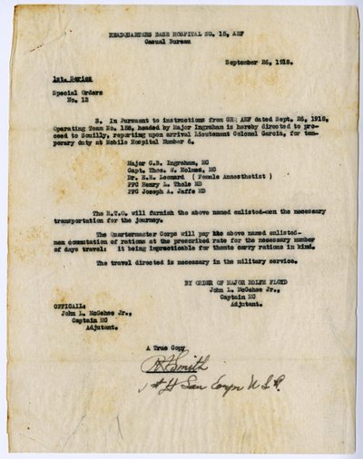 Special Orders No. 12 Extract, Headquarters Base Hospital No. 15, Casual Bureau, by order of Rolfe Floyd, September 26, 1918 by John L. McGehee